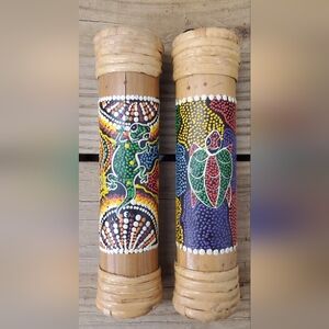 2 Rain Sticks, Turtle, Gecko, Dot Painted Bamboo, Small